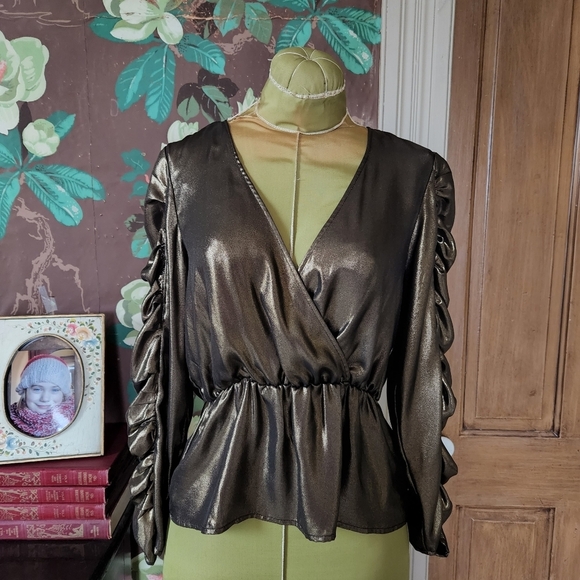 ZARA Metalic Ruched Sleeve Top Size Small - Picture 1 of 11